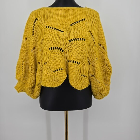 Elodie Yellow Knit Women's Sweater Cropped Scallop Hem Dolman Sleeve Size Small - Picture 3 of 9